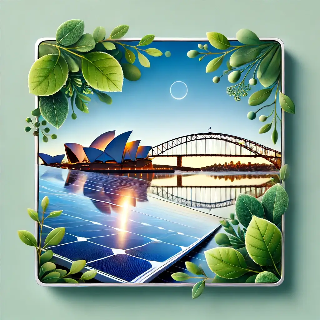 Close-up of a solar panel with a reflection of the Sydney Opera House and Sydney Harbour Bridge, surrounded by green leaves, emphasizing eco-friendliness and sustainability.